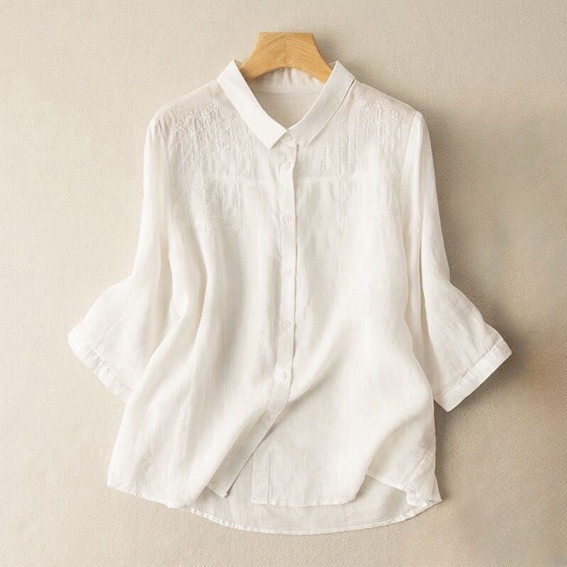 Lässiges Damen-Shirt aus Baumwolle und Leinen mit Stehkragen und Stickereien von Buddha Stones