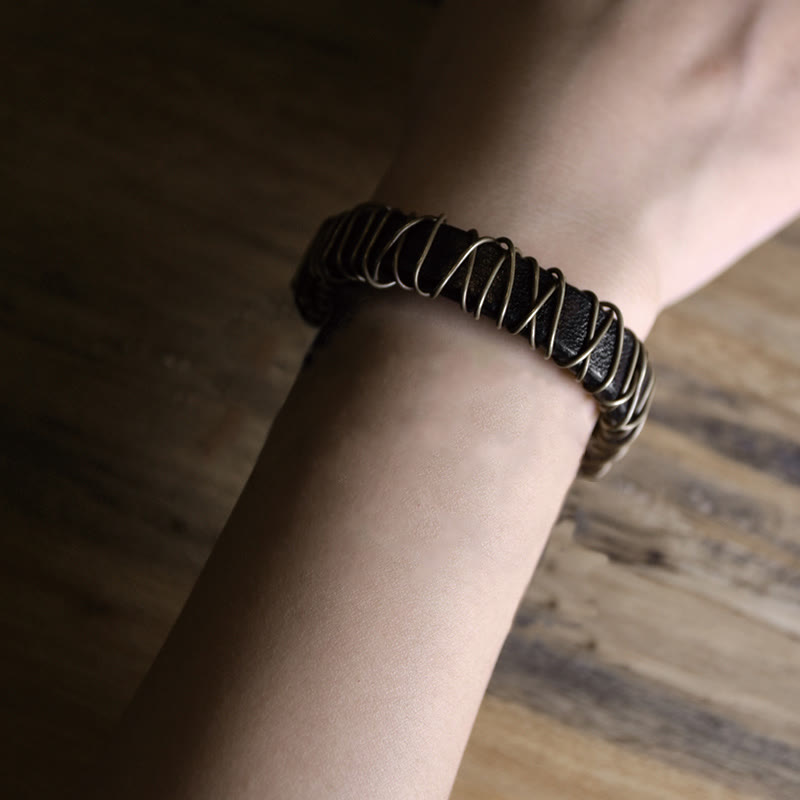 Buddha Stones Vintage Leder Kupfer Messing Draht Wickel Balance Armband