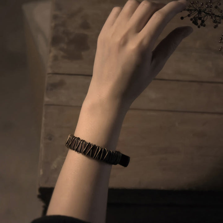 Buddha Stones Vintage Leder Kupfer Messing Draht Wickel Balance Armband