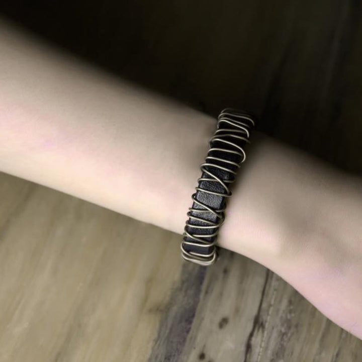 Buddha Stones Vintage Leder Kupfer Messing Draht Wickel Balance Armband