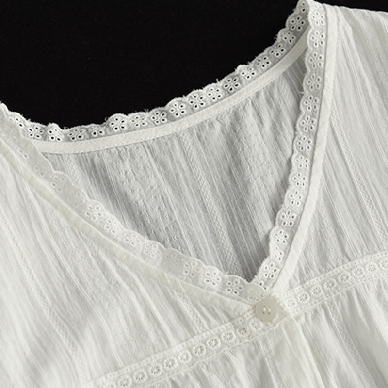 Buddha Stones Damen-Baumwollhemd mit V-Ausschnitt und halblangen Ärmeln, reine weiße Spitze - image 6