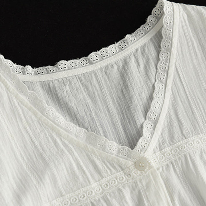 Buddha Stones Damen-Baumwollhemd mit V-Ausschnitt und halblangen Ärmeln, reine weiße Spitze - image 6