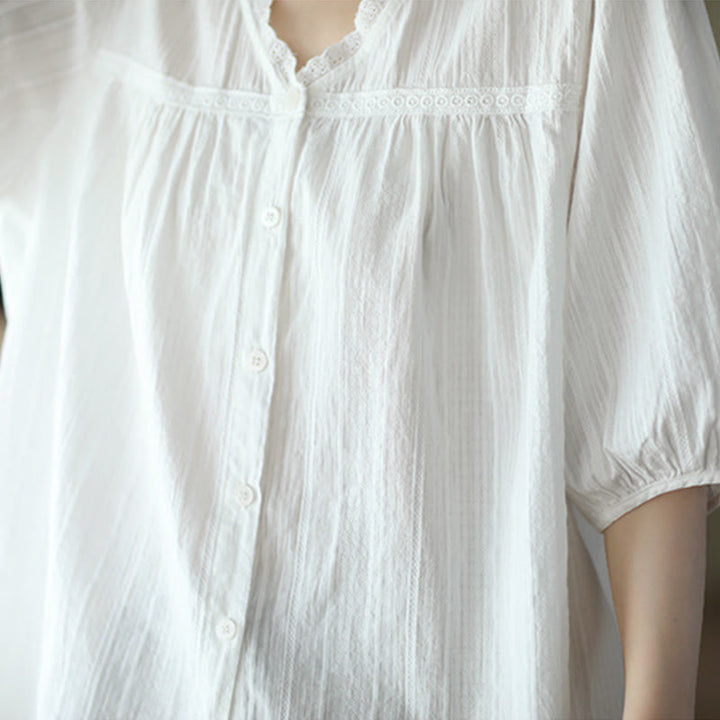 Buddha Stones Damen-Baumwollhemd mit V-Ausschnitt und halblangen Ärmeln, reine weiße Spitze - image 7