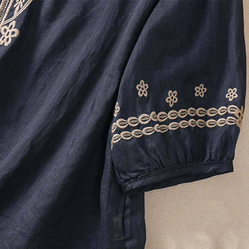 Buddha Stones Damen-Hemd aus Baumwollleinen mit Rundhalsausschnitt und Hohldesign, halblange Ärmel