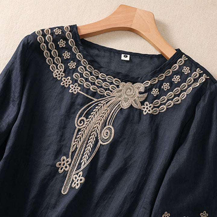 Buddha Stones Damen-Hemd aus Baumwollleinen mit Rundhalsausschnitt und Hohldesign, halblange Ärmel