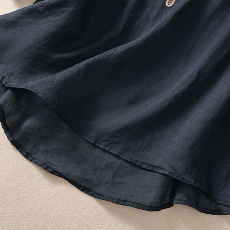 Buddha Stones Damen-Hemd aus Baumwollleinen mit Rundhalsausschnitt und Hohldesign, halblange Ärmel