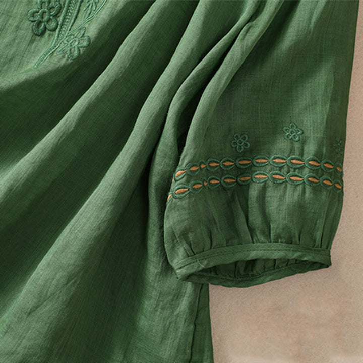 Buddha Stones Damen-Hemd aus Baumwollleinen mit Rundhalsausschnitt und Hohldesign, halblange Ärmel