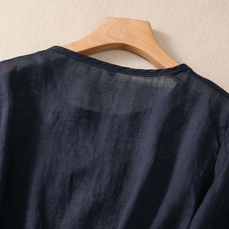 Buddha Stones Damen-Hemd aus Baumwollleinen mit Rundhalsausschnitt und Hohldesign, halblange Ärmel