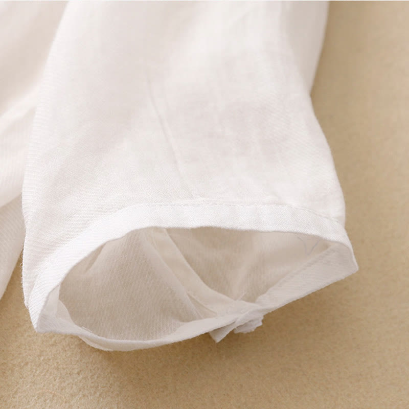 Lässiges Damen-Baumwollleinenhemd mit Stehkragen und Pflanzenstickerei mit Buddha Stones