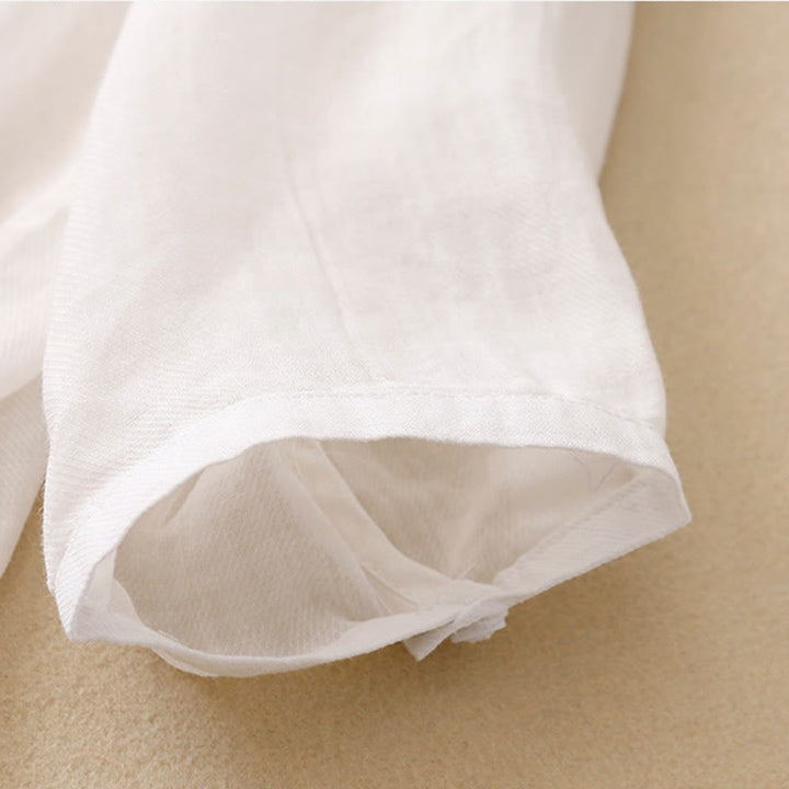 Lässiges Damen-Baumwollleinenhemd mit Stehkragen und Pflanzenstickerei mit Buddha Stones