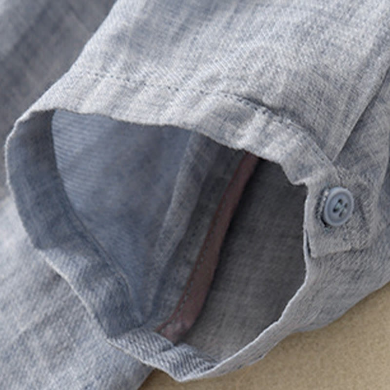 Lässiges Damen-Baumwollleinenhemd mit Stehkragen und Pflanzenstickerei mit Buddha Stones