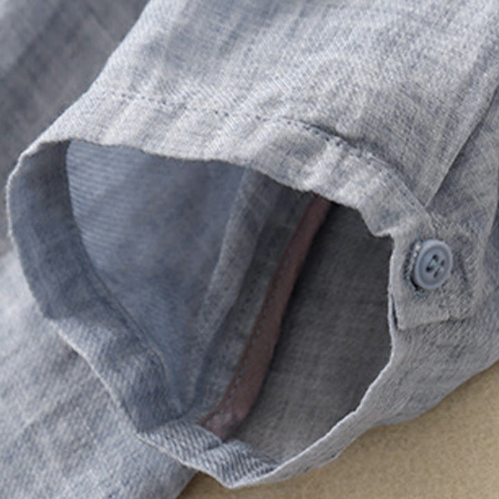 Lässiges Damen-Baumwollleinenhemd mit Stehkragen und Pflanzenstickerei mit Buddha Stones