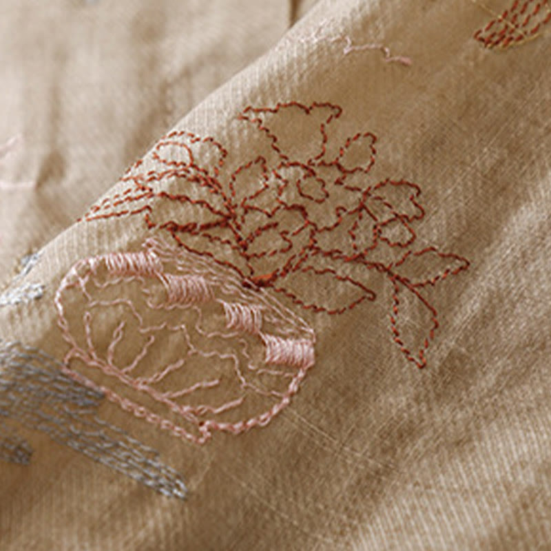 Lässiges Damen-Baumwollleinenhemd mit Stehkragen und Pflanzenstickerei mit Buddha Stones