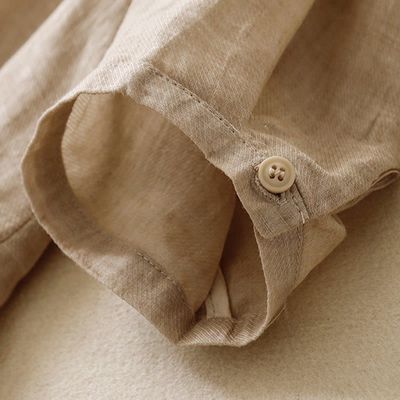 Lässiges Damen-Baumwollleinenhemd mit Stehkragen und Pflanzenstickerei mit Buddha Stones
