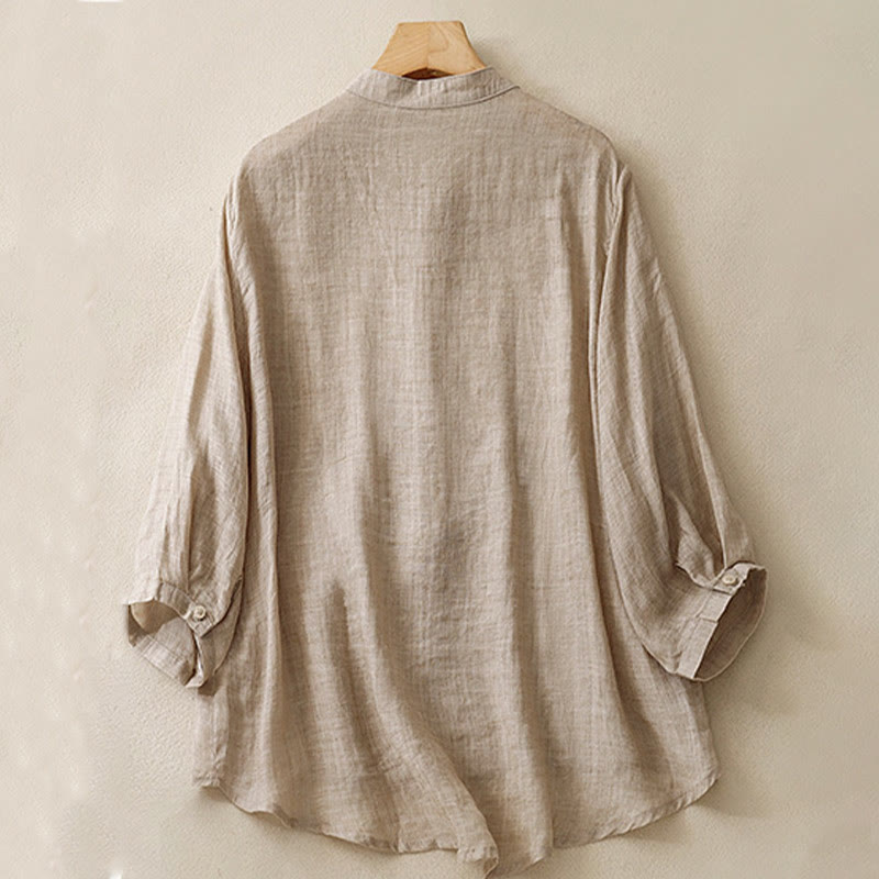 Lässiges Damen-Baumwollleinenhemd mit Stehkragen und Pflanzenstickerei mit Buddha Stones