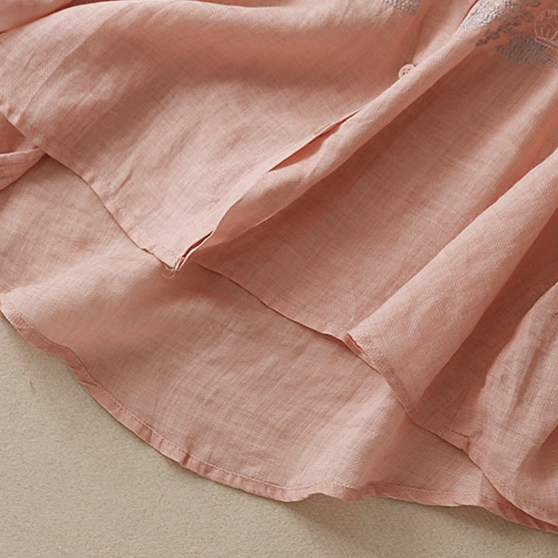 Lässiges Damen-Baumwollleinenhemd mit Stehkragen und Pflanzenstickerei mit Buddha Stones