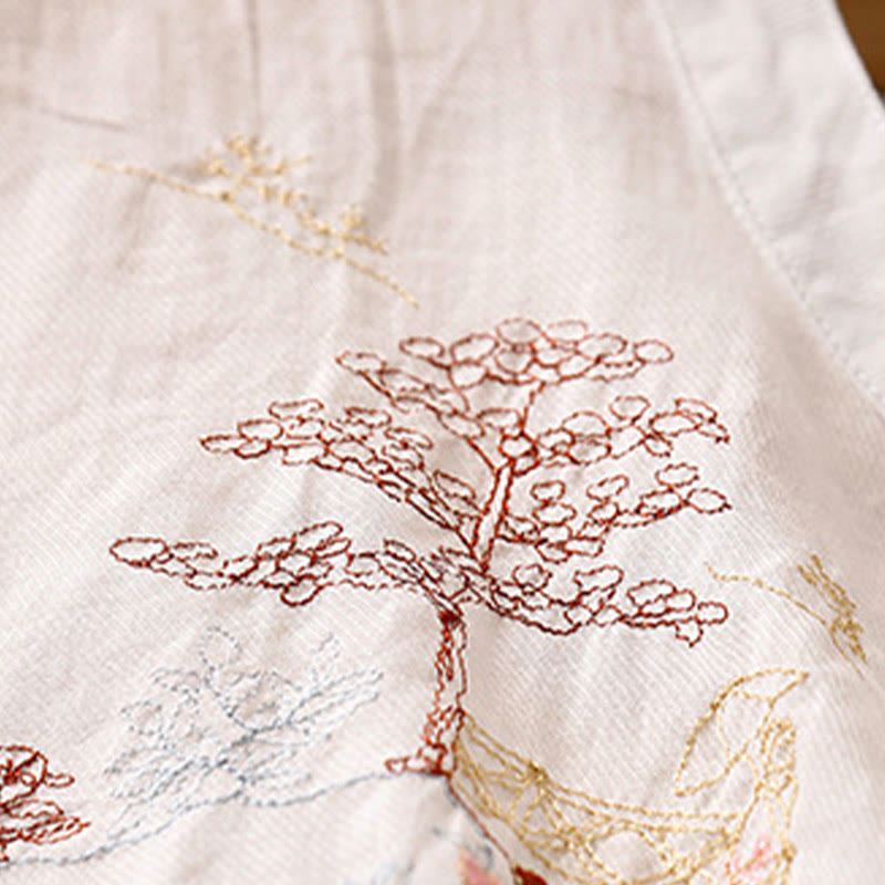 Lässiges Damen-Baumwollleinenhemd mit Stehkragen und Pflanzenstickerei mit Buddha Stones