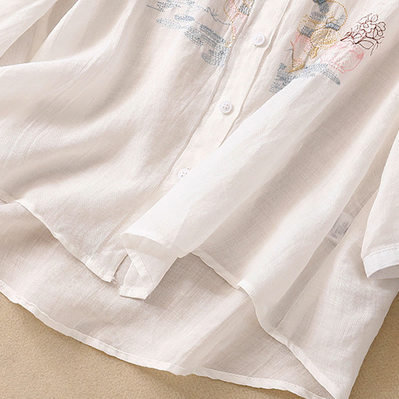 Lässiges Damen-Baumwollleinenhemd mit Stehkragen und Pflanzenstickerei mit Buddha Stones