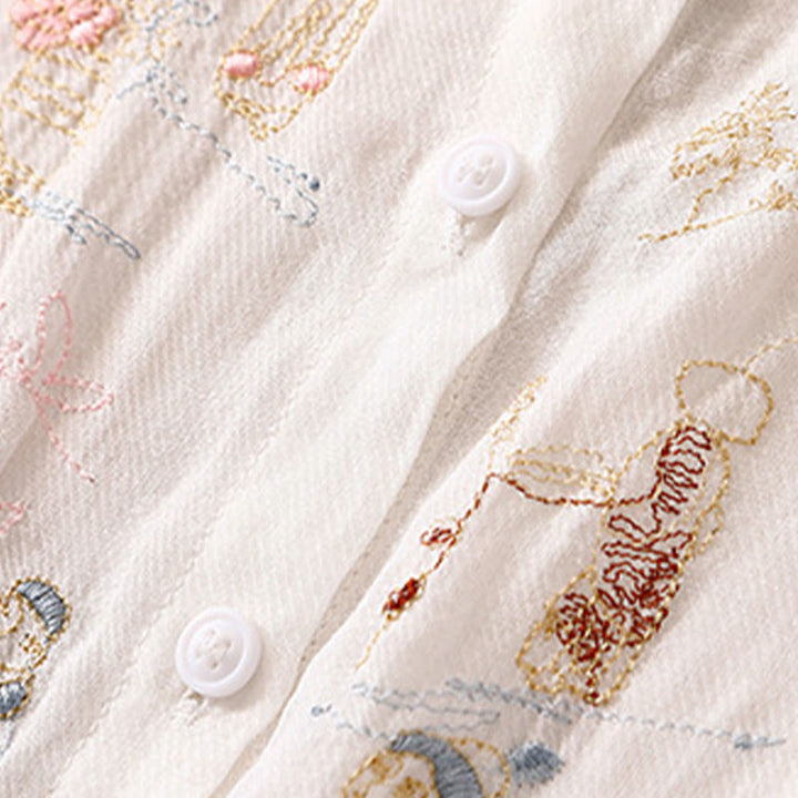 Lässiges Damen-Baumwollleinenhemd mit Stehkragen und Pflanzenstickerei mit Buddha Stones