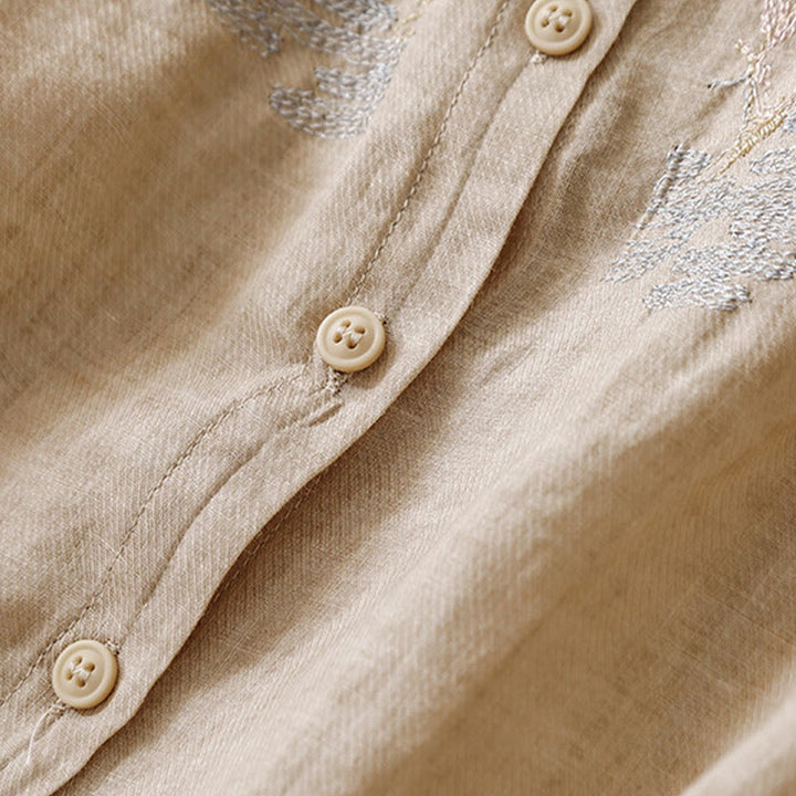 Lässiges Damen-Baumwollleinenhemd mit Stehkragen und Pflanzenstickerei mit Buddha Stones