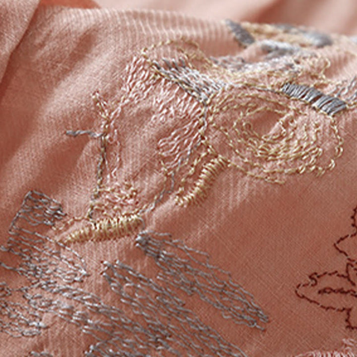 Lässiges Damen-Baumwollleinenhemd mit Stehkragen und Pflanzenstickerei mit Buddha Stones