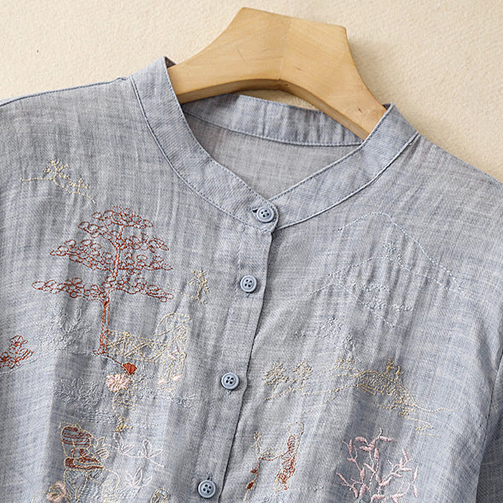 Lässiges Damen-Baumwollleinenhemd mit Stehkragen und Pflanzenstickerei mit Buddha Stones