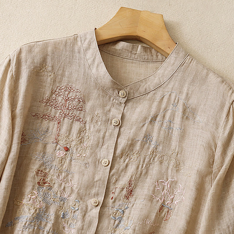 Lässiges Damen-Baumwollleinenhemd mit Stehkragen und Pflanzenstickerei mit Buddha Stones