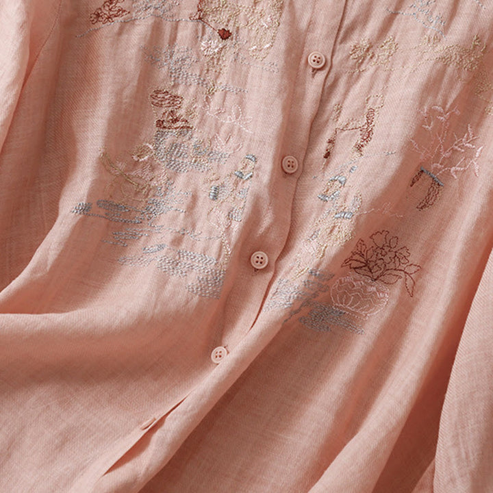 Lässiges Damen-Baumwollleinenhemd mit Stehkragen und Pflanzenstickerei mit Buddha Stones