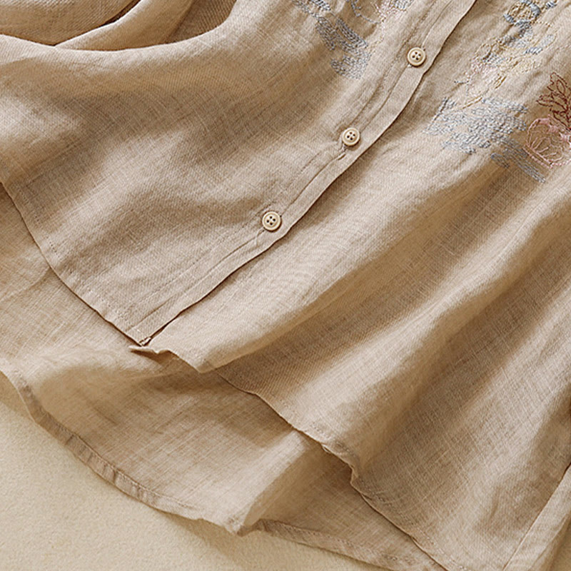 Lässiges Damen-Baumwollleinenhemd mit Stehkragen und Pflanzenstickerei mit Buddha Stones