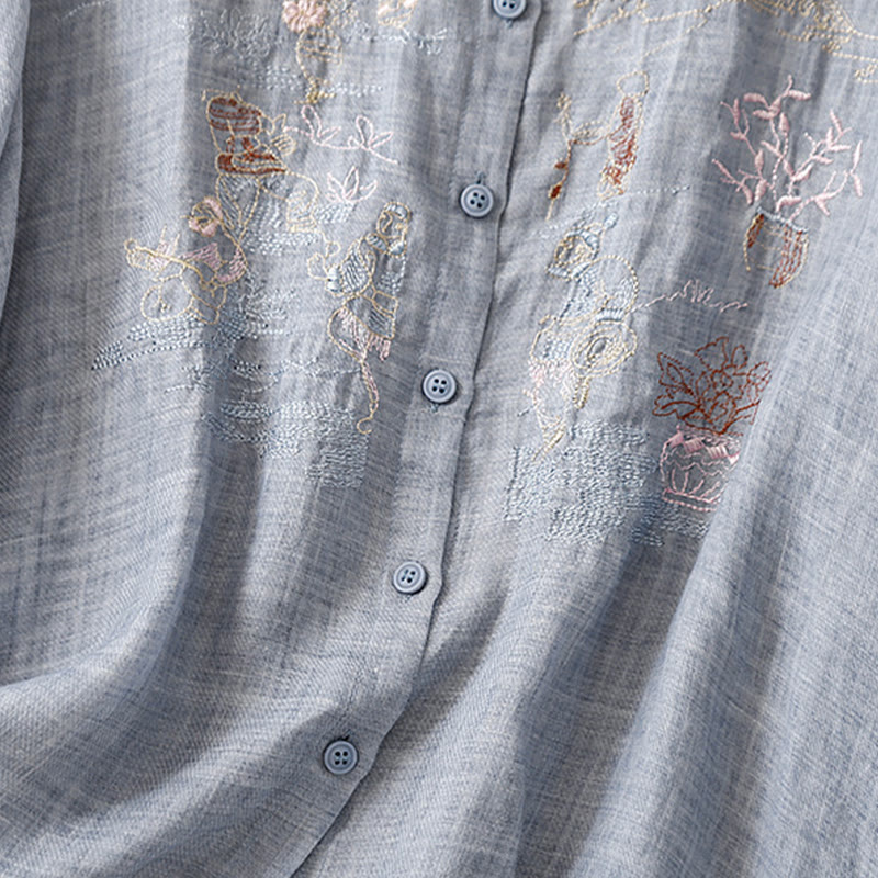 Lässiges Damen-Baumwollleinenhemd mit Stehkragen und Pflanzenstickerei mit Buddha Stones
