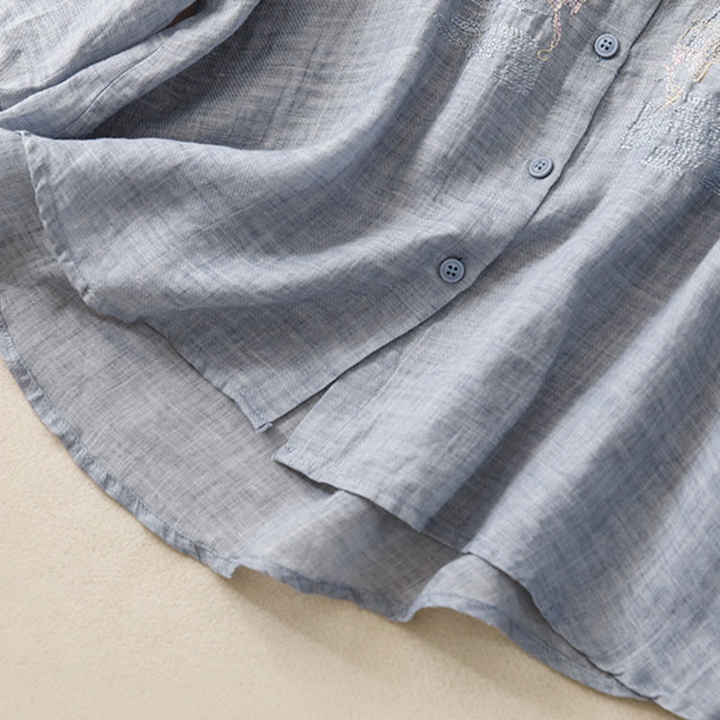 Lässiges Damen-Baumwollleinenhemd mit Stehkragen und Pflanzenstickerei mit Buddha Stones