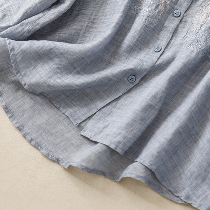 Lässiges Damen-Baumwollleinenhemd mit Stehkragen und Pflanzenstickerei mit Buddha Stones