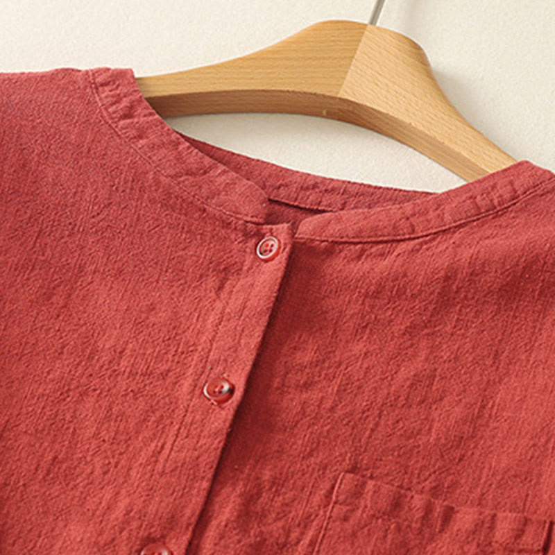 Buddha Stones Lässiges Damen-Hemd mit lockerem Stehkragen und langen Ärmeln, einfarbig, aus Baumwolle und Leinen - image 1