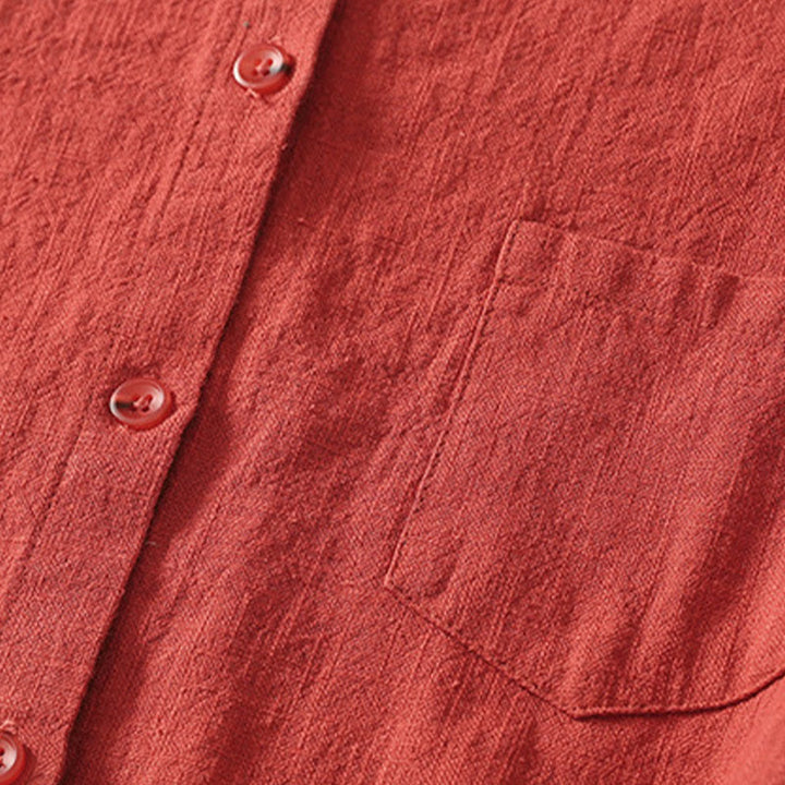 Buddha Stones Lässiges Damen-Hemd mit lockerem Stehkragen und langen Ärmeln, einfarbig, aus Baumwolle und Leinen - image 3