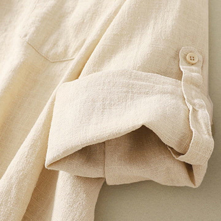 Buddha Stones Lässiges Damen-Hemd mit lockerem Stehkragen und langen Ärmeln, einfarbig, aus Baumwolle und Leinen - image 11