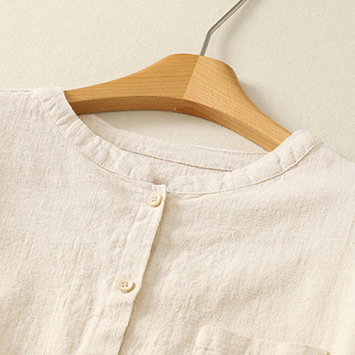 Buddha Stones Lässiges Damen-Hemd mit lockerem Stehkragen und langen Ärmeln, einfarbig, aus Baumwolle und Leinen - image 6