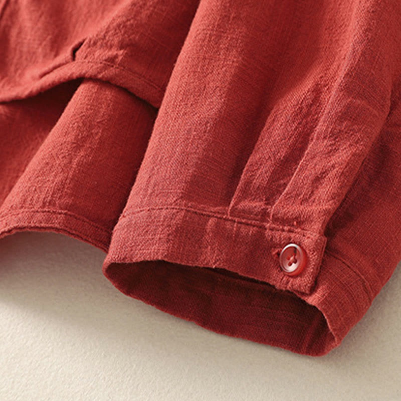 Buddha Stones Lässiges Damen-Hemd mit lockerem Stehkragen und langen Ärmeln, einfarbig, aus Baumwolle und Leinen - image 2