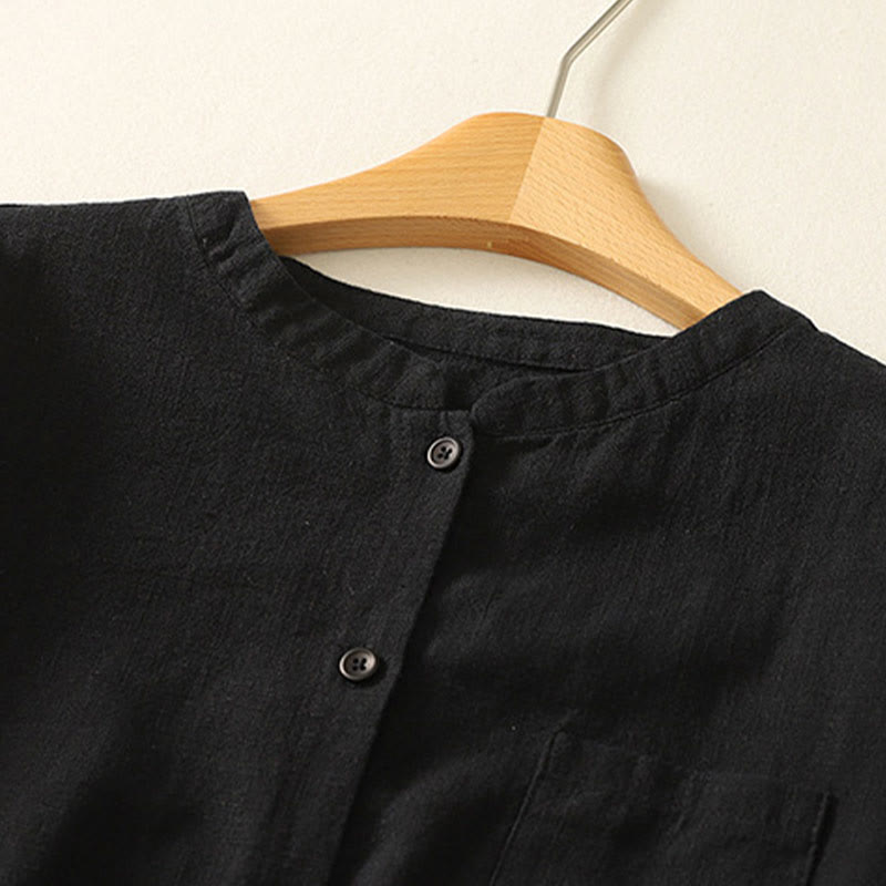 Buddha Stones Lässiges Damen-Hemd mit lockerem Stehkragen und langen Ärmeln, einfarbig, aus Baumwolle und Leinen - image 14