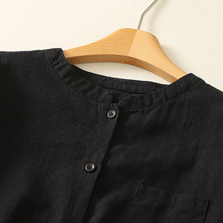 Buddha Stones Lässiges Damen-Hemd mit lockerem Stehkragen und langen Ärmeln, einfarbig, aus Baumwolle und Leinen - image 14