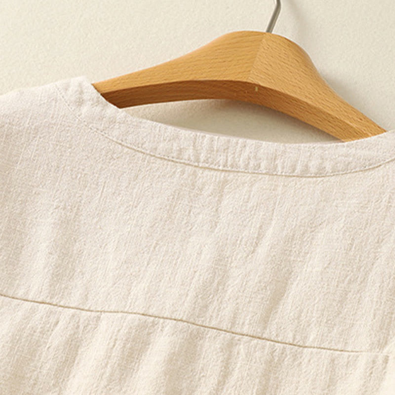 Buddha Stones Lässiges Damen-Hemd mit lockerem Stehkragen und langen Ärmeln, einfarbig, aus Baumwolle und Leinen - image 7