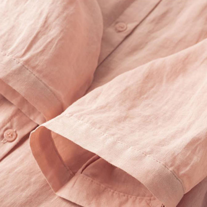 Lässiges Damen-Shirt aus Baumwolle und Leinen mit Stehkragen und Stickereien von Buddha Stones