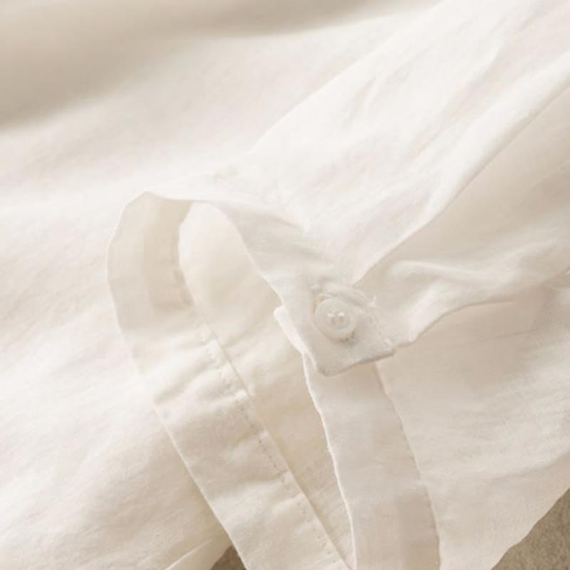 Lässiges Damen-Shirt aus Baumwolle und Leinen mit Stehkragen und Stickereien von Buddha Stones