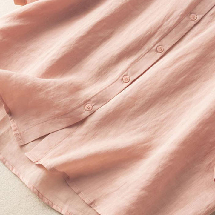 Lässiges Damen-Shirt aus Baumwolle und Leinen mit Stehkragen und Stickereien von Buddha Stones