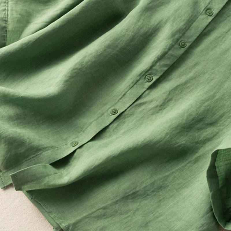 Lässiges Damen-Shirt aus Baumwolle und Leinen mit Stehkragen und Stickereien von Buddha Stones