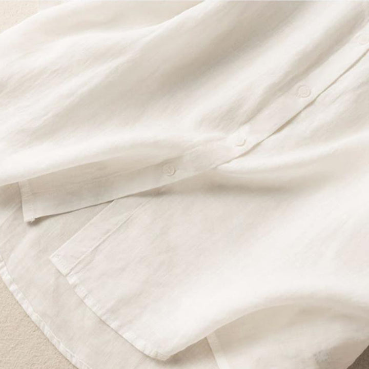 Lässiges Damen-Shirt aus Baumwolle und Leinen mit Stehkragen und Stickereien von Buddha Stones