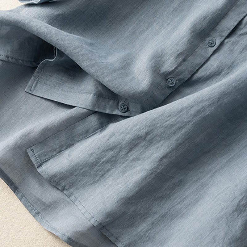 Lässiges Damen-Shirt aus Baumwolle und Leinen mit Stehkragen und Stickereien von Buddha Stones