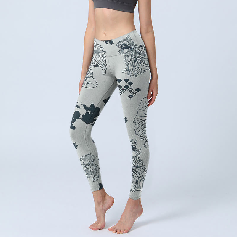 Buddha Stones Grau Koi Fisch Blumen Wellen Print Gym Leggings Damen Yoga Hose - Silber - US18, UK/AU22,EU50 (4XL) - image 1