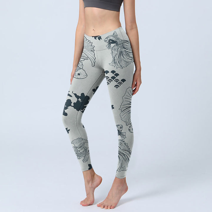 Buddha Stones Grau Koi Fisch Blumen Wellen Print Gym Leggings Damen Yoga Hose - Silber - US18, UK/AU22,EU50 (4XL) - image 1