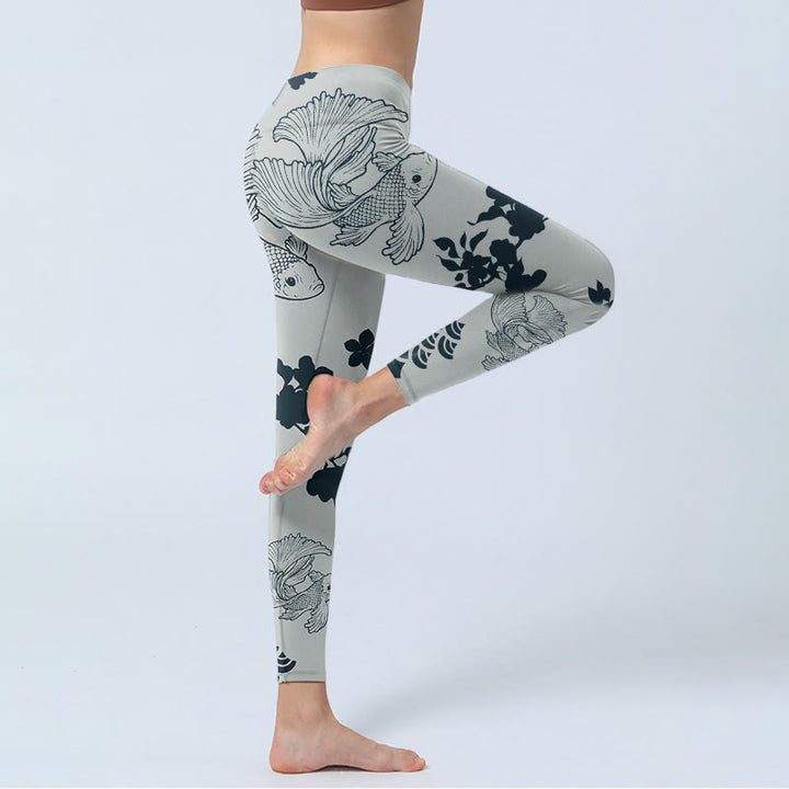 Buddha Stones Grau Koi Fisch Blumen Wellen Print Gym Leggings Damen Yoga Hose - image 4
