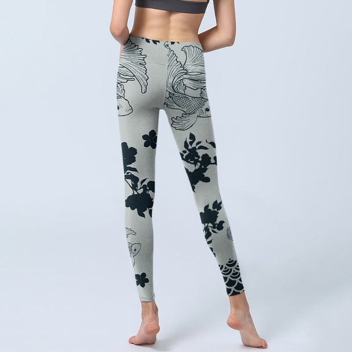 Buddha Stones Grau Koi Fisch Blumen Wellen Print Gym Leggings Damen Yoga Hose - image 7
